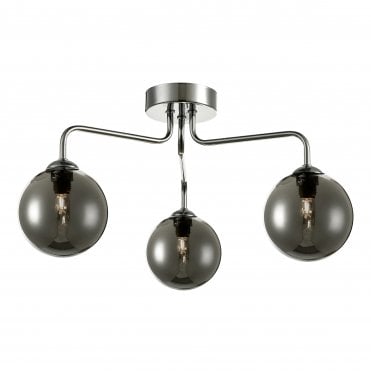 FEYA 3 Light Semi Flush Ceiling Light Polished Chrome Smoked Glass