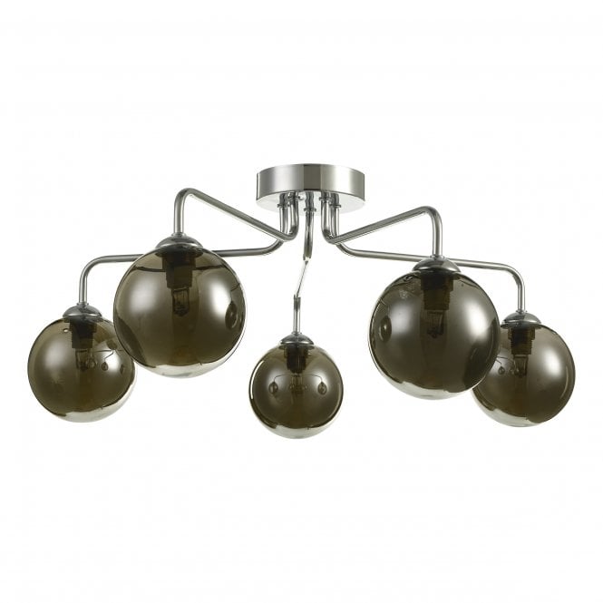 FEYA 5 Light Semi Flush Ceiling Light Chrome Smoked Glass
