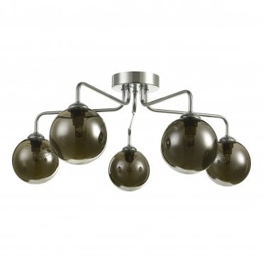 chrome 5 light semi-flush with smoked glass globe shades