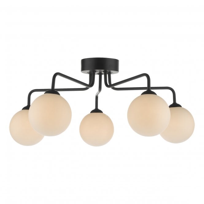 FEYA 5 Light Semi Flush Ceiling Light Matt Black Opal Glass