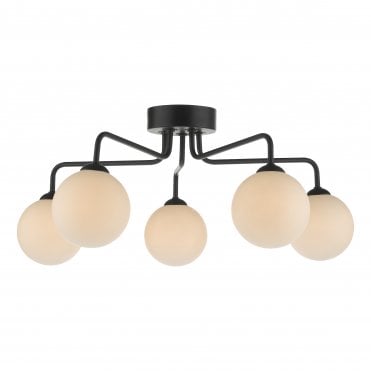 5 light semi-flush in matt black with round opal glass shades