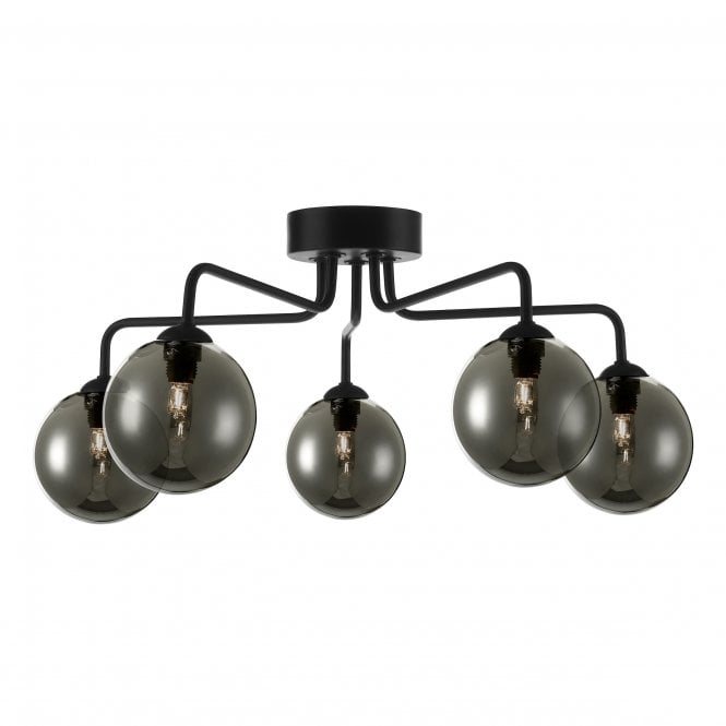 FEYA 5 Light Semi Flush Ceiling Light Matt Black Smoked Glass
