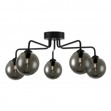 FEYA 5 Light Semi Flush Ceiling Light Matt Black Smoked Glass