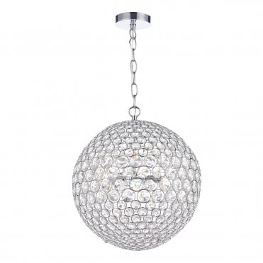 Chrome And Crystal Glass Globe Ceiling Pendant 5 Light