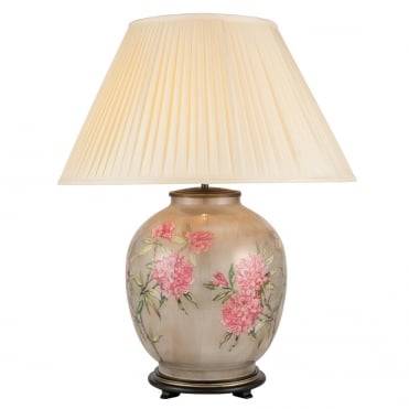 FLOWERS On Large Round Table Lamp with Silk Knife Pleat Balloon Lined Almond Shade 50cm