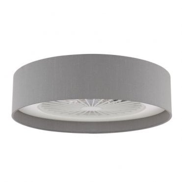 Flush LED White Ceiling Fan with Grey Faux Silk Shade