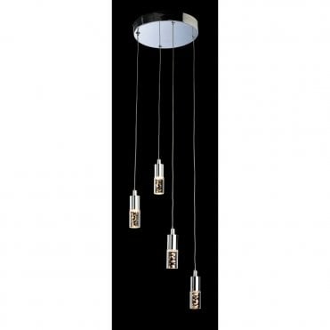 FOCUS LED 4 Light Pendant, Chrome with Clear Acrylic Bubble Shades