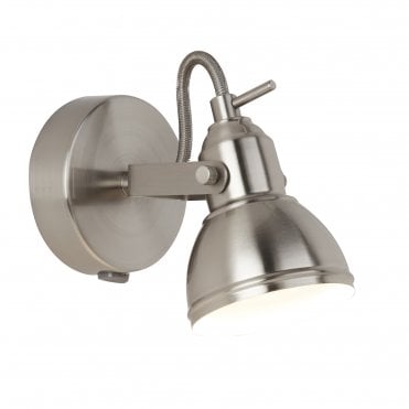 FOCUS - Single Satin Silver Industrial Spotlight Wall Light, Switched