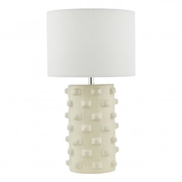 white ceramic table lamp with bobbled base and ivory linen drums shade