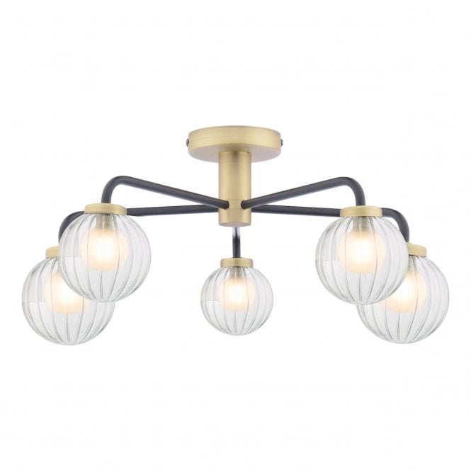 GIBBS 5 Light Semi-Flush | Antique Brass & Glass