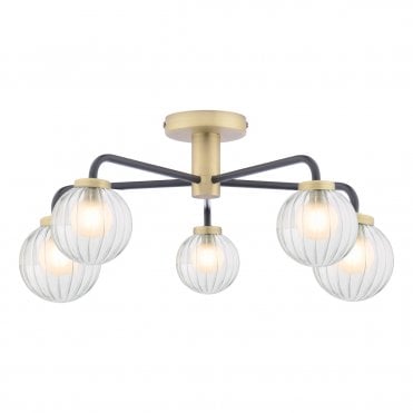 5 light semi flush ceiling light in antique brass, black and duplex glass globe shades