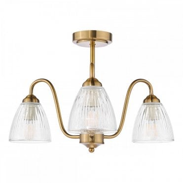 antique bronze semi-flush ceiling light with ribbed glass shades