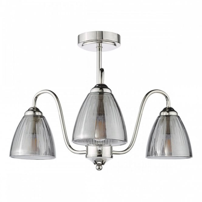 Glynis 3 Light Semi-Flush Ceiling Light - Polished Nickel with Smoked Ribbed Glass Shades