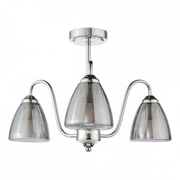 polished nickel semi-flush ceiling light with smoked ribbed glass shades