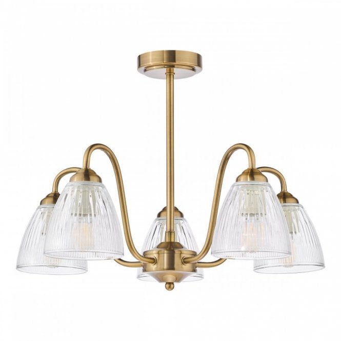 Glynis 5 Light Semi-Flush Ceiling Light - Antique Bronze with Ribbed Glass Shades