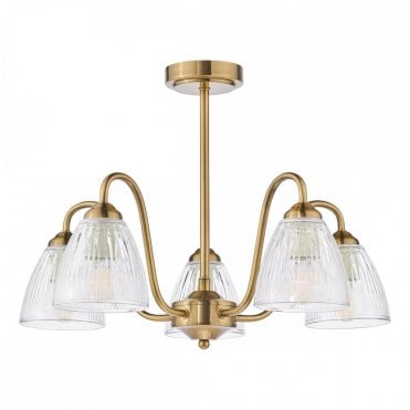 brushed bronze semi-flush ceiling light with ribbed glass shades 