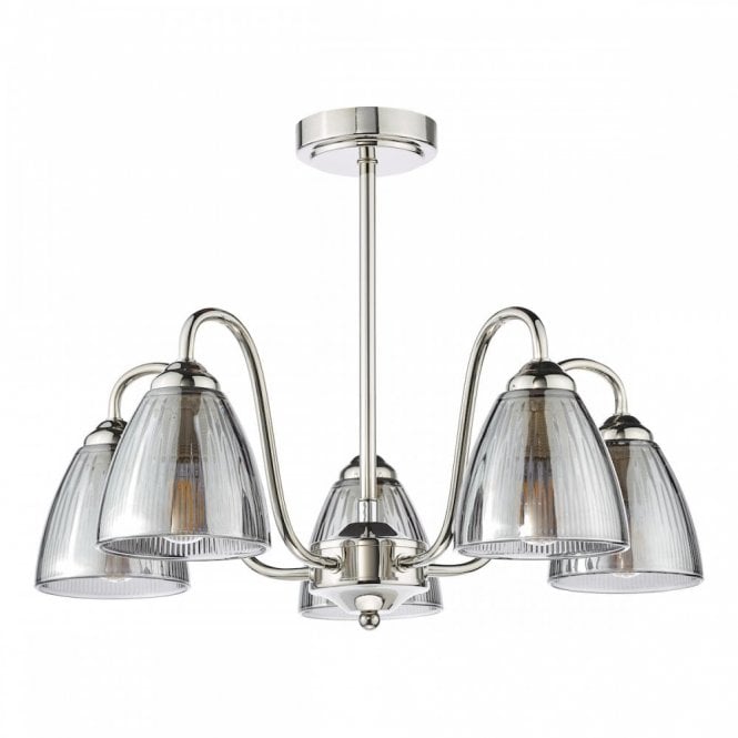 Glynis 5 Light Semi-Flush Ceiling Light - Polished Nickel with Smoked Ribbed Glass Shades
