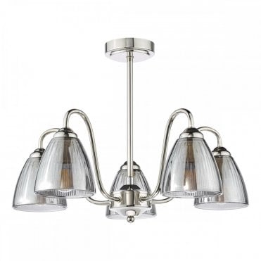 polished nickel semi-flush ceiling light with smoked ribbed glass shades