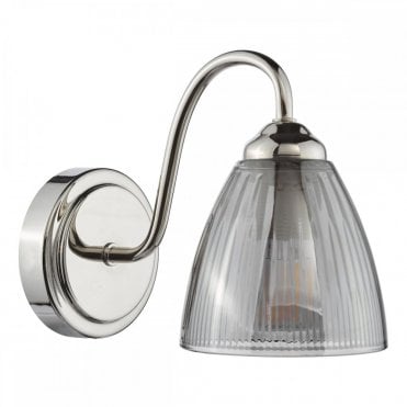 polished nickel wall light with smoked ribbed glass shade