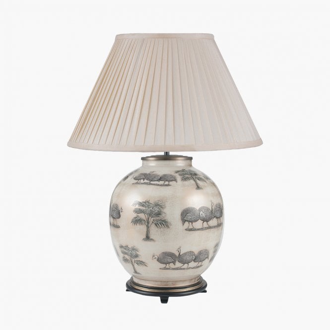 GUINEA FOWL Large Round Table Lamp with Silk Knife Pleat Balloon Lined Almond Shade 50cm
