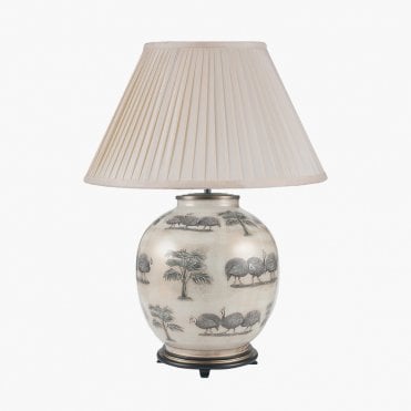 Large Round Table Lamp with Silk Knife Pleat Balloon Lined Almond Shade 50cm