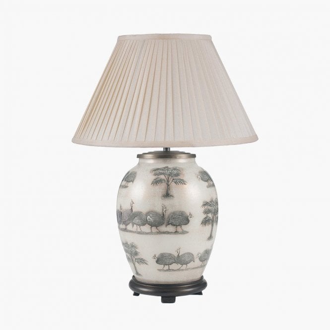 GUINEA FOWL Medium Oval Table Lamp with Silk Knife Pleat Balloon Lined Almond Shade 40cm
