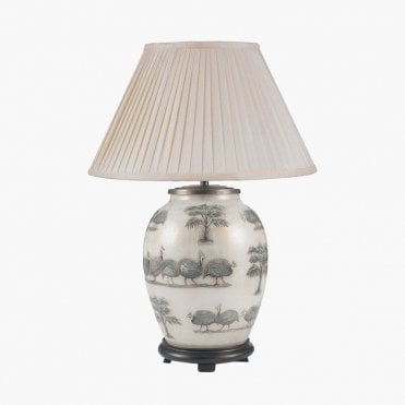 GUINEA FOWL Medium Oval Table Lamp with Silk Knife Pleat Balloon Lined Almond Shade 40cm