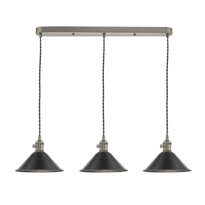 HADANO 3 Light Ceiling Pendant Bar Antique Chrome With Antique Pewter Shades