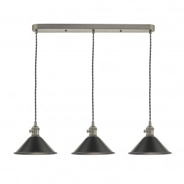 HADANO 3 Light Ceiling Pendant Bar Antique Chrome With Antique Pewter Shades
