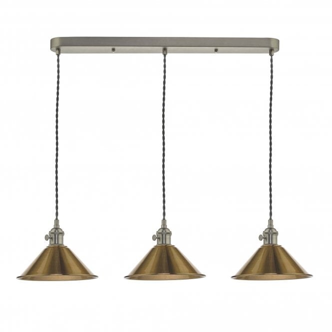 HADANO 3 Light Ceiling Pendant Bar Antique Chrome With Brass Shades