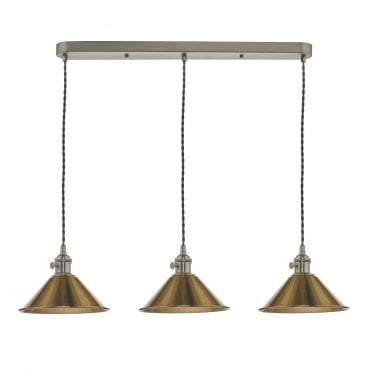 HADANO 3 Light Ceiling Pendant Bar Antique Chrome With Brass Shades