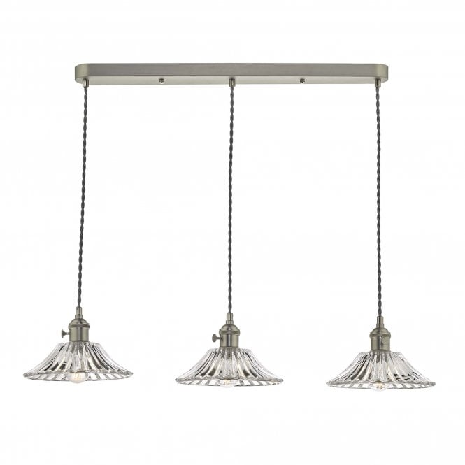HADANO 3 Light Ceiling Pendant Bar Antique Chrome With Flared Glass Shades