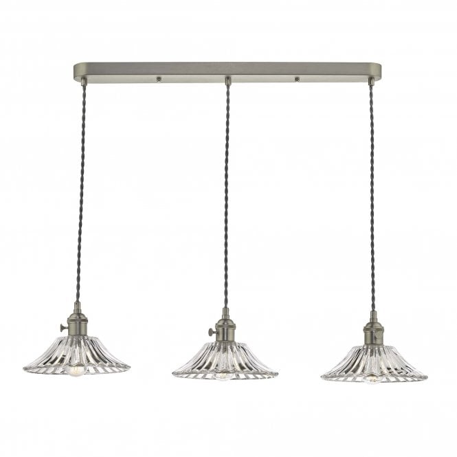HADANO 3 Light Ceiling Pendant Bar Antique Chrome With Flared Glass Shades