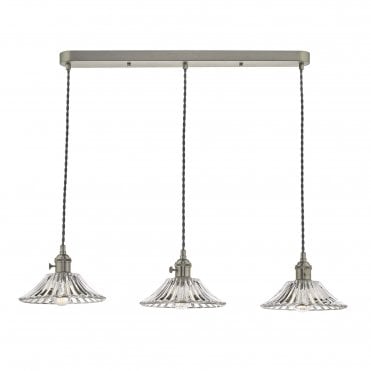 HADANO 3 Light Ceiling Pendant Bar Antique Chrome With Flared Glass Shades