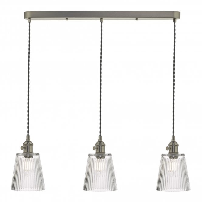 HADANO 3 Light Ceiling Pendant Bar Antique Chrome With Ribbed Glass Shades
