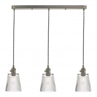 3 Light Ceiling Pendant Bar Antique Chrome With Ribbed Glass Shades