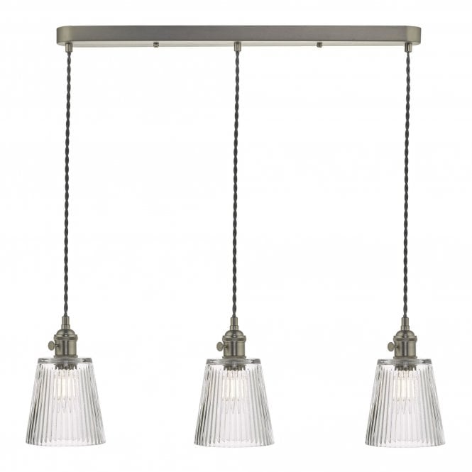HADANO 3 Light Ceiling Pendant Bar Antique Chrome With Ribbed Glass Shades
