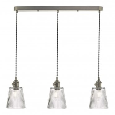 HADANO 3 Light Ceiling Pendant Bar Antique Chrome With Ribbed Glass Shades