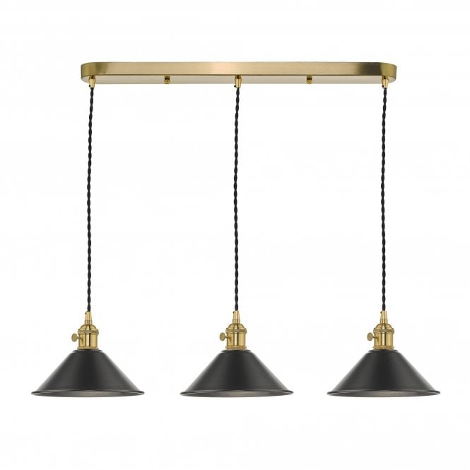 HADANO 3 Light Ceiling Pendant Bar Natural Brass With Antique Pewter Shades