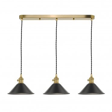 HADANO 3 Light Ceiling Pendant Bar Natural Brass With Antique Pewter Shades