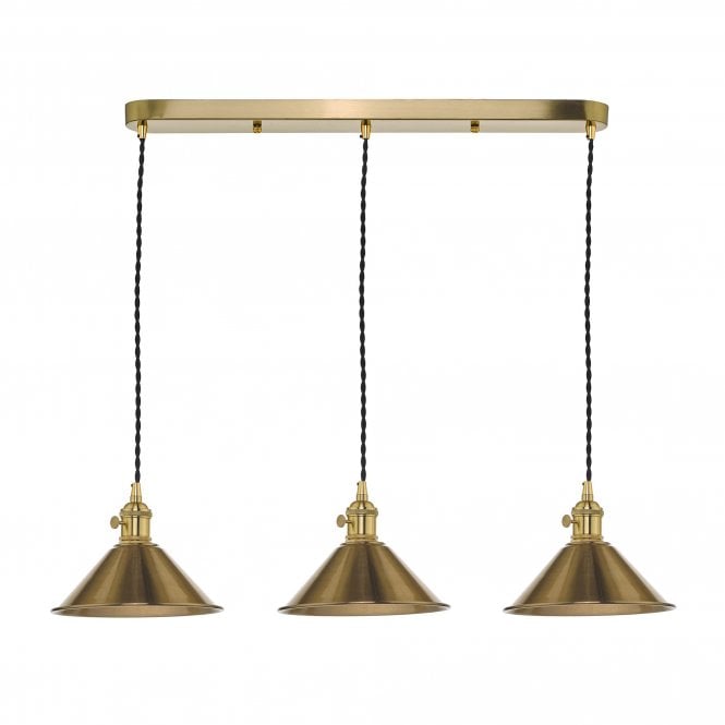 HADANO 3 Light Ceiling Pendant Bar Natural Brass With Brass Shades