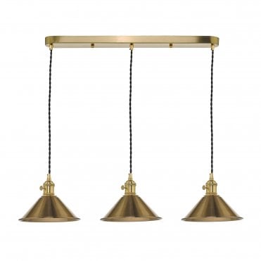 HADANO 3 Light Ceiling Pendant Bar Natural Brass With Brass Shades