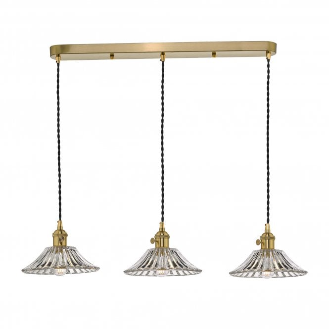 HADANO 3 Light Ceiling Pendant Bar Natural Brass With Flared Glass Shades