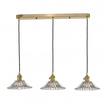 3 Light Ceiling Pendant Bar Natural Brass With Flared Glass Shades