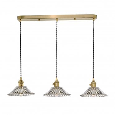 HADANO 3 Light Ceiling Pendant Bar Natural Brass With Flared Glass Shades