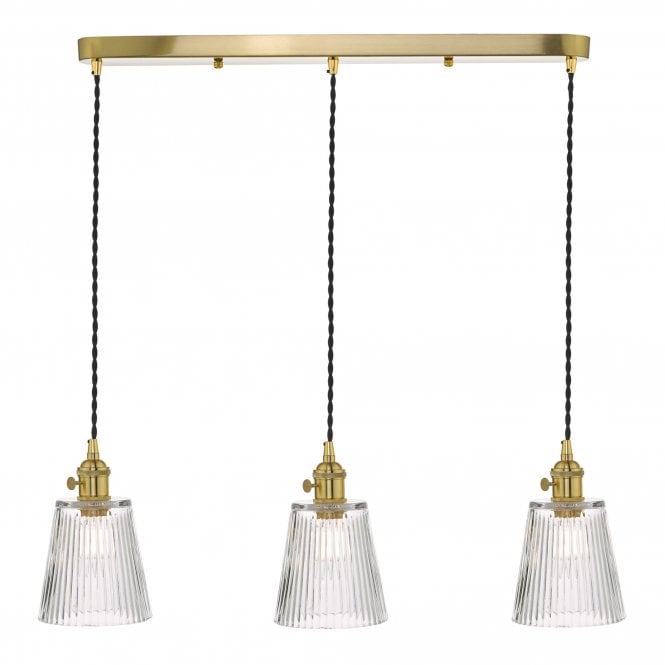 HADANO 3 Light Ceiling Pendant Bar Natural Brass With Ribbed Glass Shades