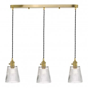 HADANO 3 Light Ceiling Pendant Bar Natural Brass With Ribbed Glass Shades