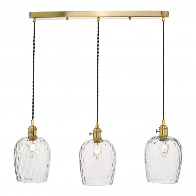 HADANO 3 Light Ceiling Suspension Natural Brass With Dimpled Glass Shades