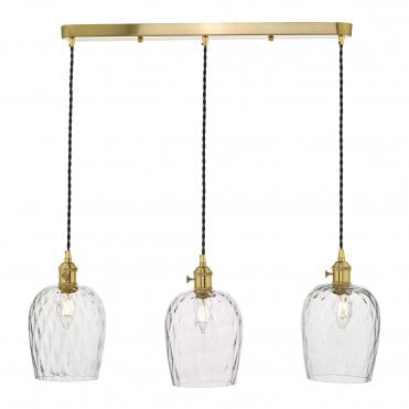 3 Light Ceiling Suspension Natural Brass With Dimpled Glass Shades
