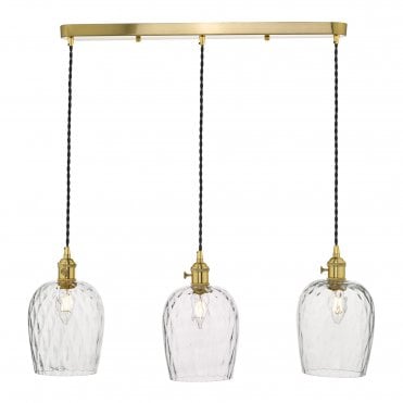 HADANO 3 Light Ceiling Suspension Natural Brass With Dimpled Glass Shades